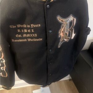 Rebel Denim Melton Varsity Tapestry Patches Jacket .